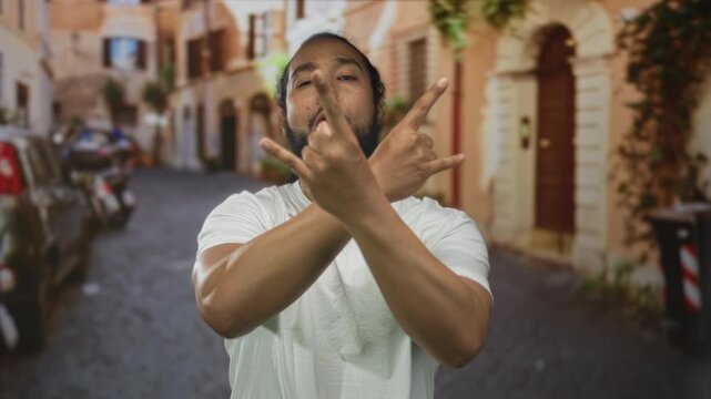 Man showing rock horns with hands and crossed forearms in narrow old town street wearing white t shirt; urban defiance.