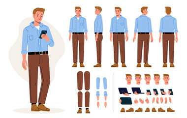 Fototapeta na wymiar Sales manager man character. Front, side, back poses and postures set. Vector illustration for animation.
