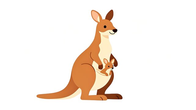 Cartoon kangaroo mother with a joey in her pouch isolated on white