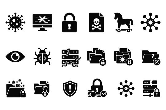 cybersecurity icons set, virus, malware, protection, threat, security