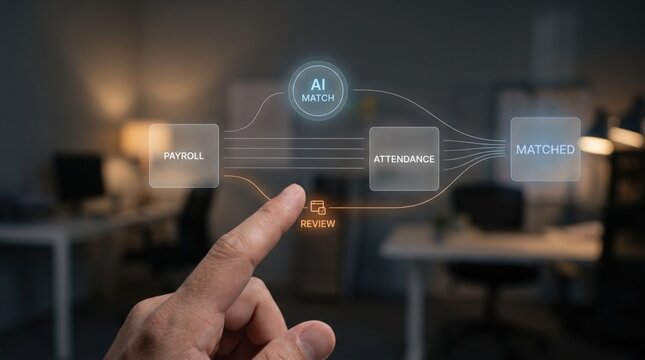 AI Back Office Automation - Person reviewing payroll discrepancies by hand as AI software reconciles and verifies employee attendance records for accuracy.