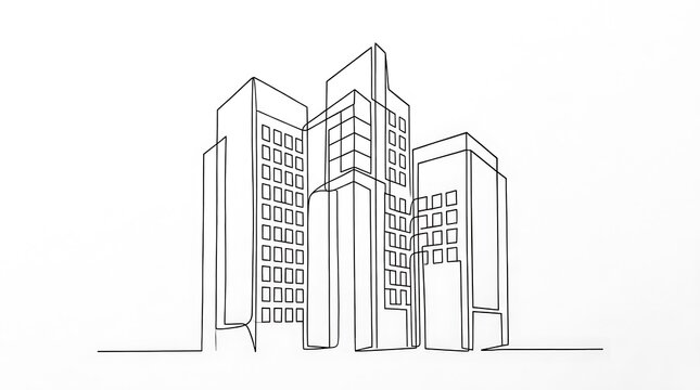 Minimalist continuous line drawing of urban skyscraper cluster with skyscraper architecture building minimalist