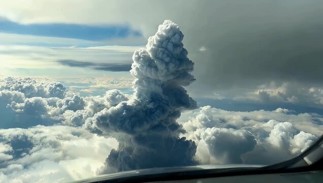 Breathtaking 4K Ultra HD aviation stock video captured from a pilot s cockpit view at an altitude of twelve thousand meters revealing a towering cumulonimbus storm cloud rising past thin stratus