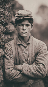 A vintage portrait of a young man wearing a historical military uniform and a cap while standing with his arms crossed against a stone wall