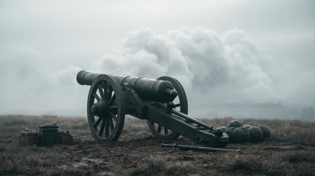 A vintage metal cannon stands in a grassy field with heavy smoke rising into the cloudy sky during a historical reenactment scene