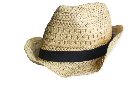 Natural Straw Fedora Hat with Black Band Isolated on White