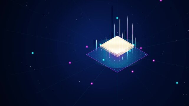 Futuristic Digital Microchip Processor With Glowing Neon Data Beams And Particle Network Background