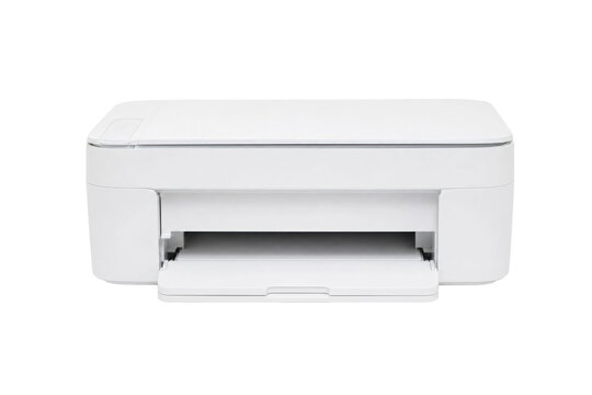 Modern white multifunction printer, a versatile office device, stands prominently against a clean white background, ready for use