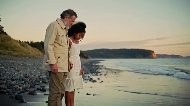 Walking senior pair holding hands in jacket sundress stepping on wet sand at sunset avoiding waves
