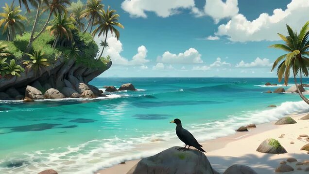 Escape to a tropical paradise with serene 4K coastal scene which depicts crystal-clear turquoise waters sculpted stone formations delicate vegetation and animated black birds forming a relaxing