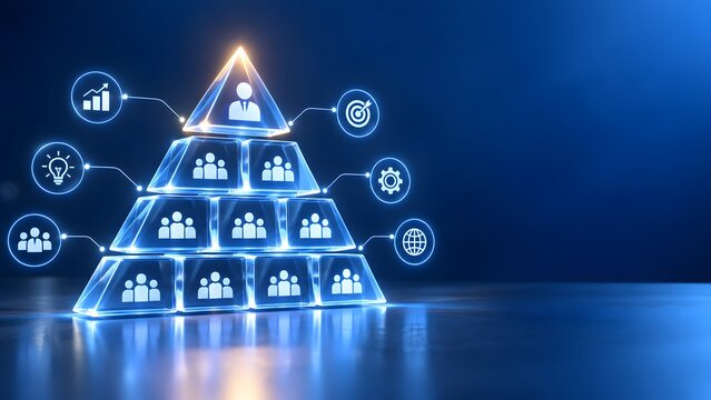 3D glowing pyramid of human resources hierarchy and corporate organizational structure with business icons