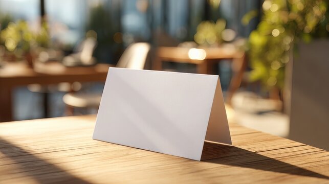 Blank white table tent card mockup on wooden restaurant table, empty paper name card for reservation, clean stationery template in sunny cafe