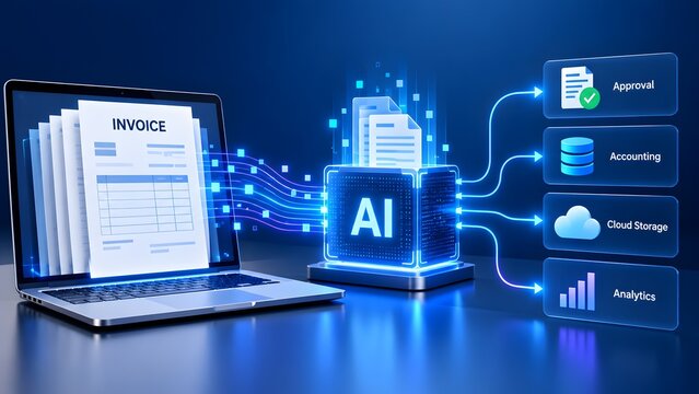 Artificial intelligence automating digital invoice processing into accounting cloud storage and analytics