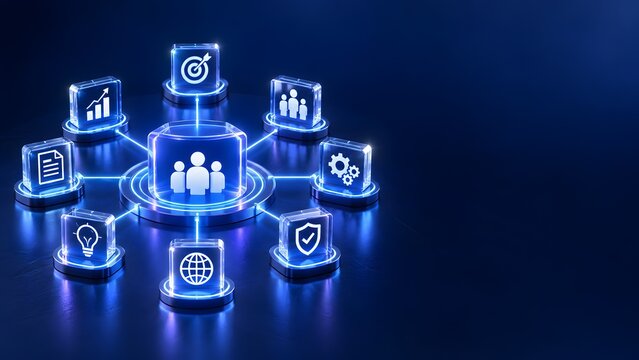 Centralized human resources management system connecting corporate business strategy and workflow icons