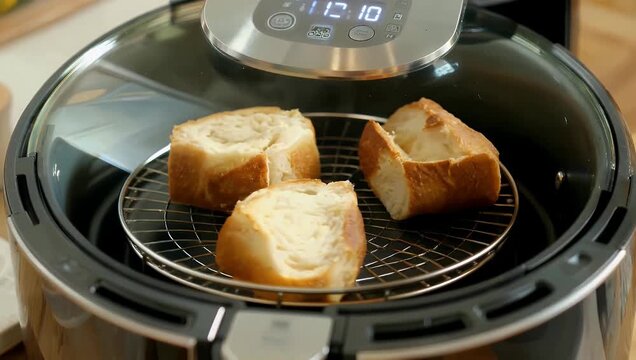 High-tech 4K kitchen appliance demonstration video showcasing an oil-free electric air fryer with an active rotating basket mechanism highlighting internal air currents browning artisanal bread