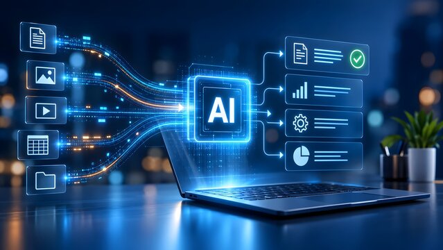 Artificial intelligence automating digital file processing into structured workflow analytics and business data organization