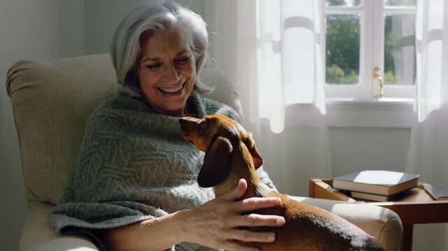 Dog jumping onto chair smiling senior in poncho leaning forward home cupping dachshund to cuddle