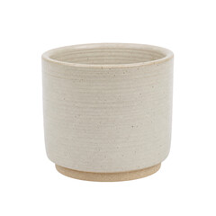 Simple round beige ceramic planter pot with a textured surface, captured with bright studio...