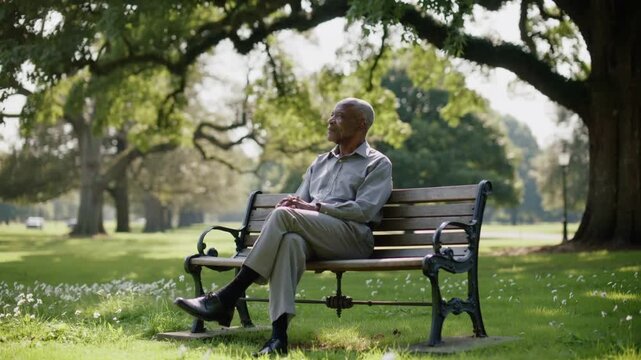 Noticing off-frame movement, senior in light shirt turning head upward on park bench, oak trees