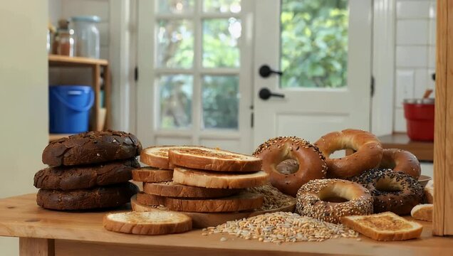 Creative 4K Ultra HD culinary stop-motion clip where slices of dark rye bread sesame bagels and braided flax seed buns materialize rapidly on a kitchen counter beside whole grain ears
