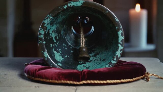 Tilting hand entering, gripping bronze bell on burgundy cushion on stone altar, revealing clapper