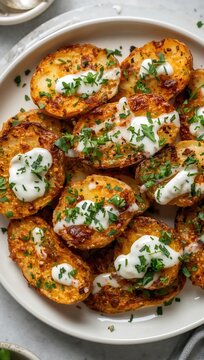 Crispy Smashed Potatoes With Garlic Yogurt Sauce And Fresh Herbs