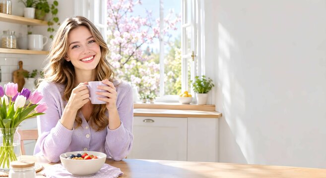 Young woman holding a cup and smiling while eating healthy breakfast with fresh berries in a sunny kitchen with spring flowers