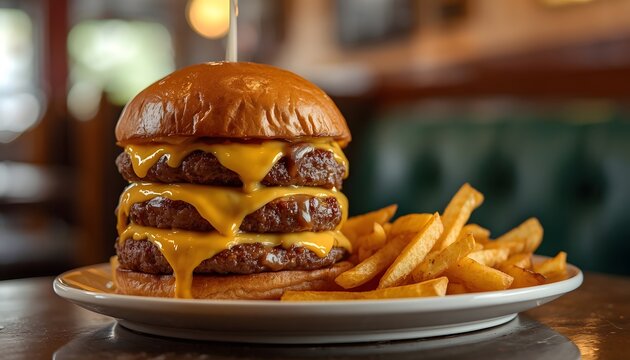 A delicious tower buger with fries isolated