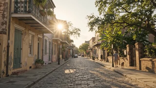 Historic new orleans french quarter street scene with cobblestone road and golden hour sunlight louisiana
