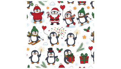 Fototapeta premium Christmas penguin seamless pattern background vector featuring cute cartoon birds in santa hats skiing and ice skating winter holiday illustration