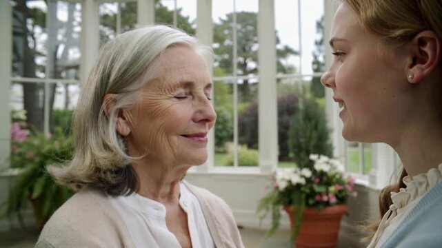 Smiling senior woman responding to granddaughter speaking softly in sunny sunroom