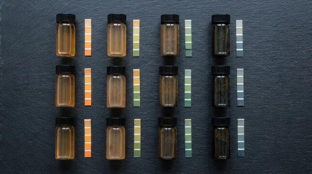 Twelve small glass vials with colored liquid and pH test strips arranged in rows