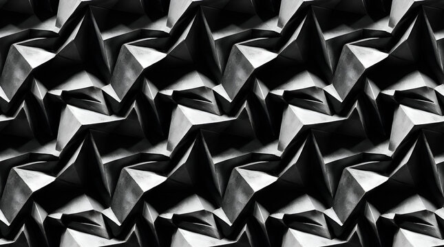 Seamless geometric pattern featuring interlocking black and gray stars with dimensional faceted surfaces, tiling into a single continuous background for design projects.