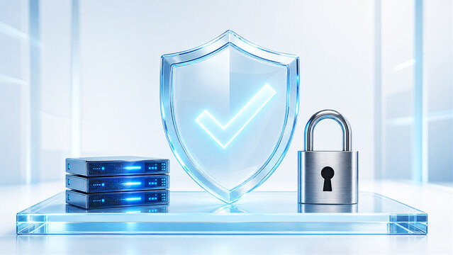 Cybersecurity Shield with Checkmark, Secure Data Server and Padlock