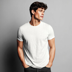 Obraz premium Confident men in plain white t-shirts on neutral background, perfect for fashion, lifestyle, and apparel mockup use.