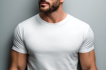 Obraz premium Confident men in plain white t-shirts on neutral background, perfect for fashion, lifestyle, and apparel mockup use.