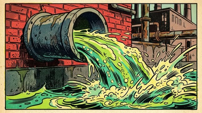 Industrial wastewater flows from a large pipe into a body of water creating splashes and foam