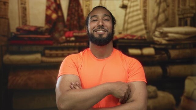 Man in orange shirt hand on chin smiling in carpet shop surrounded by rolled rugs and stacked carpets, arms folded; contemplation thoughtful.