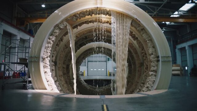 Shedding fiber threads, ringed structure starting pale foam streams falling at factory bay, door