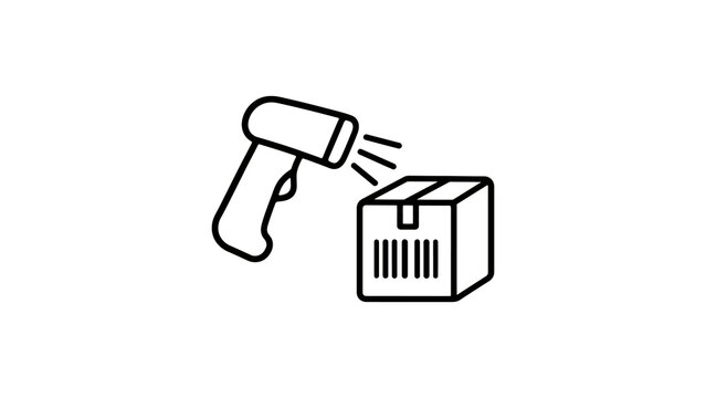 Black outline icon of barcode scanner and package for logistics industry.