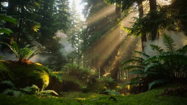 Streaming morning sunbeams causing mist rising and drifting across mossy clearing