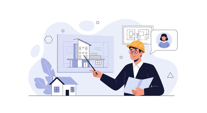 Architect Presenting House Design Plan with Blueprint and Client Avatar