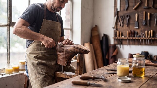 Cobbler crafting a leather boot in a rustic workshop