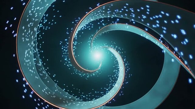 Zooming camera urging twin teal ribbons rotating inward toward cyan core in void, converging sparks