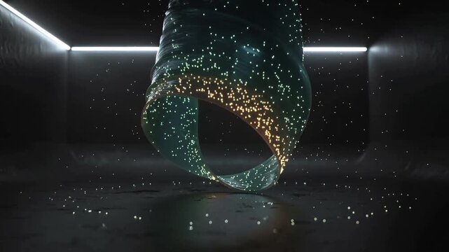 Opening teal ribbon torus lowering in dark room, shedding golden specks to wet floor under LEDs