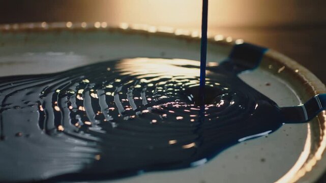 Pouring stream from above forming dark blue rings on speckled plate for plating, green leaf visible