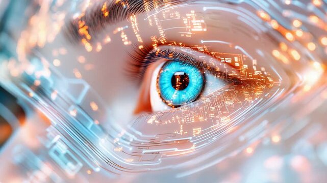 Futuristic human eye with digital circuitry and glowing technology interface