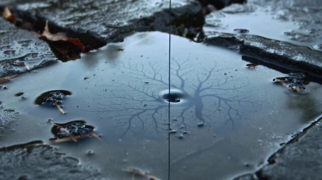 Dripping dark filament striking shallow puddle in stone crevice, forming tree-like dendritic stain