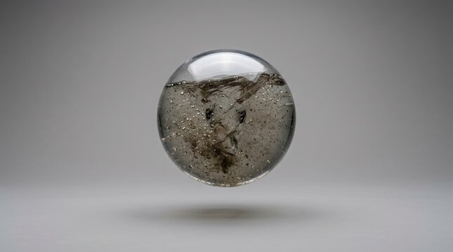 A clear glass orb containing swirling dark liquid and tiny bubbles suspended mid air
