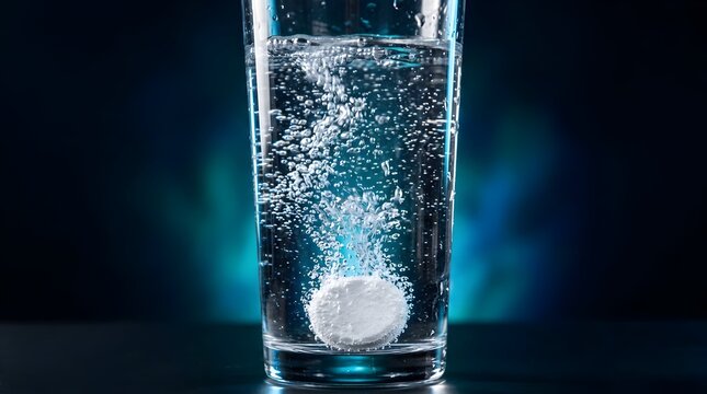 Effervescent tablet dissolving in a glass of water creating bubbles